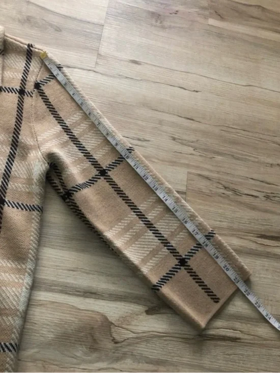 Anne Klein Tan Plaid Double-Breasted Pea Coat Cardigan Shacket - Picture 9 of 9